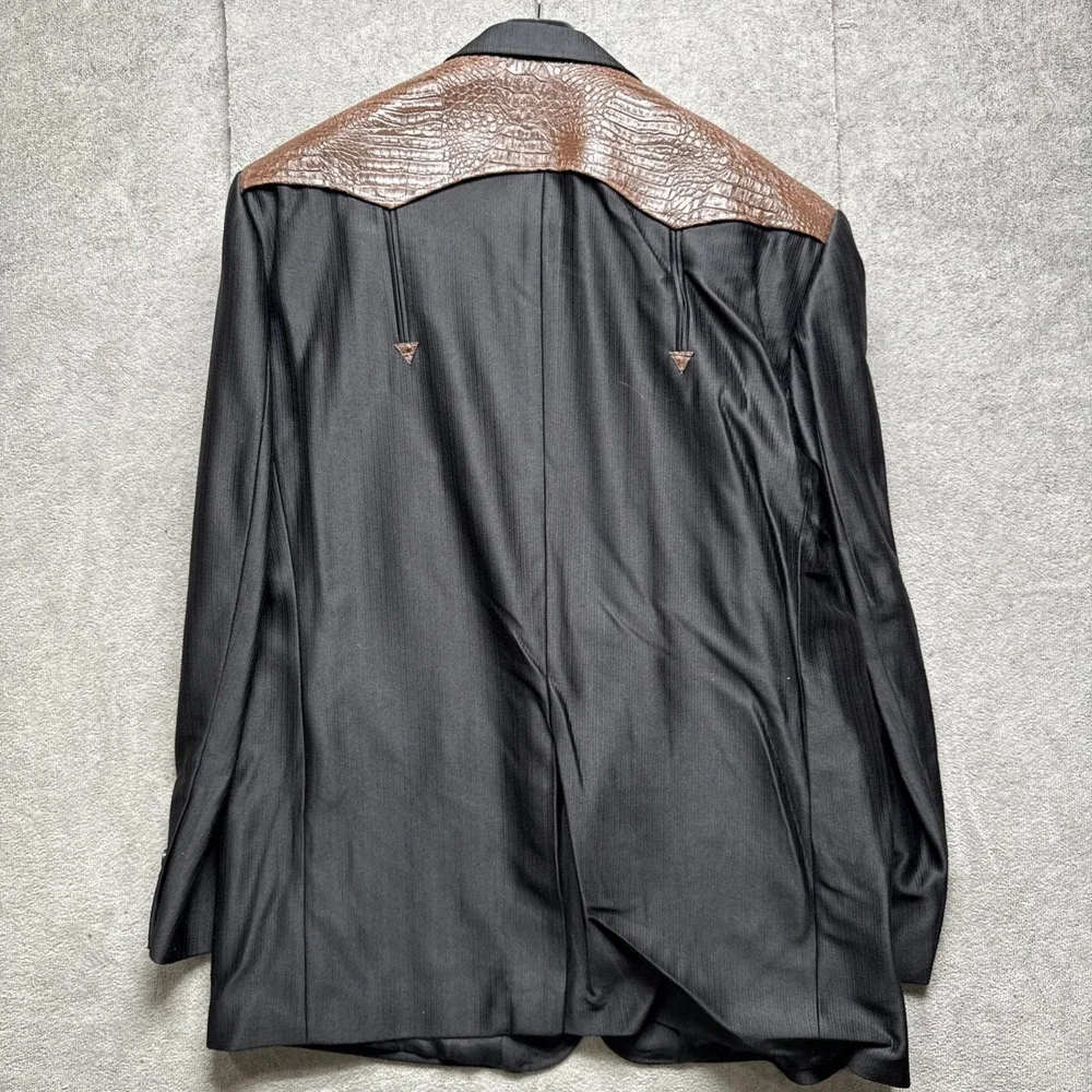 70s Vtg Maximos Suit Mens‎ 46/36 Black Brown Western Point Yoke Rockabilly Prom